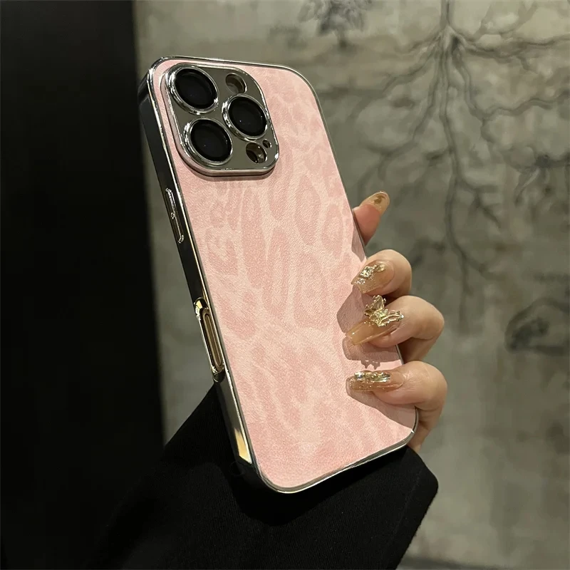 Luxury Plating Leopard Texture Leather Case with Lens Protection and Shockproof Design