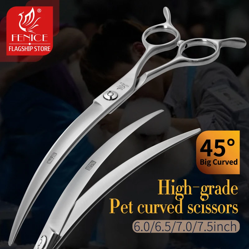 Fenice 6.0/6.5/7.0/7.5inch Big Curved Scissors 45° Curved Scissor for Dog Beauty Scissors Pets Dog Grooming Tools Dog Haircut