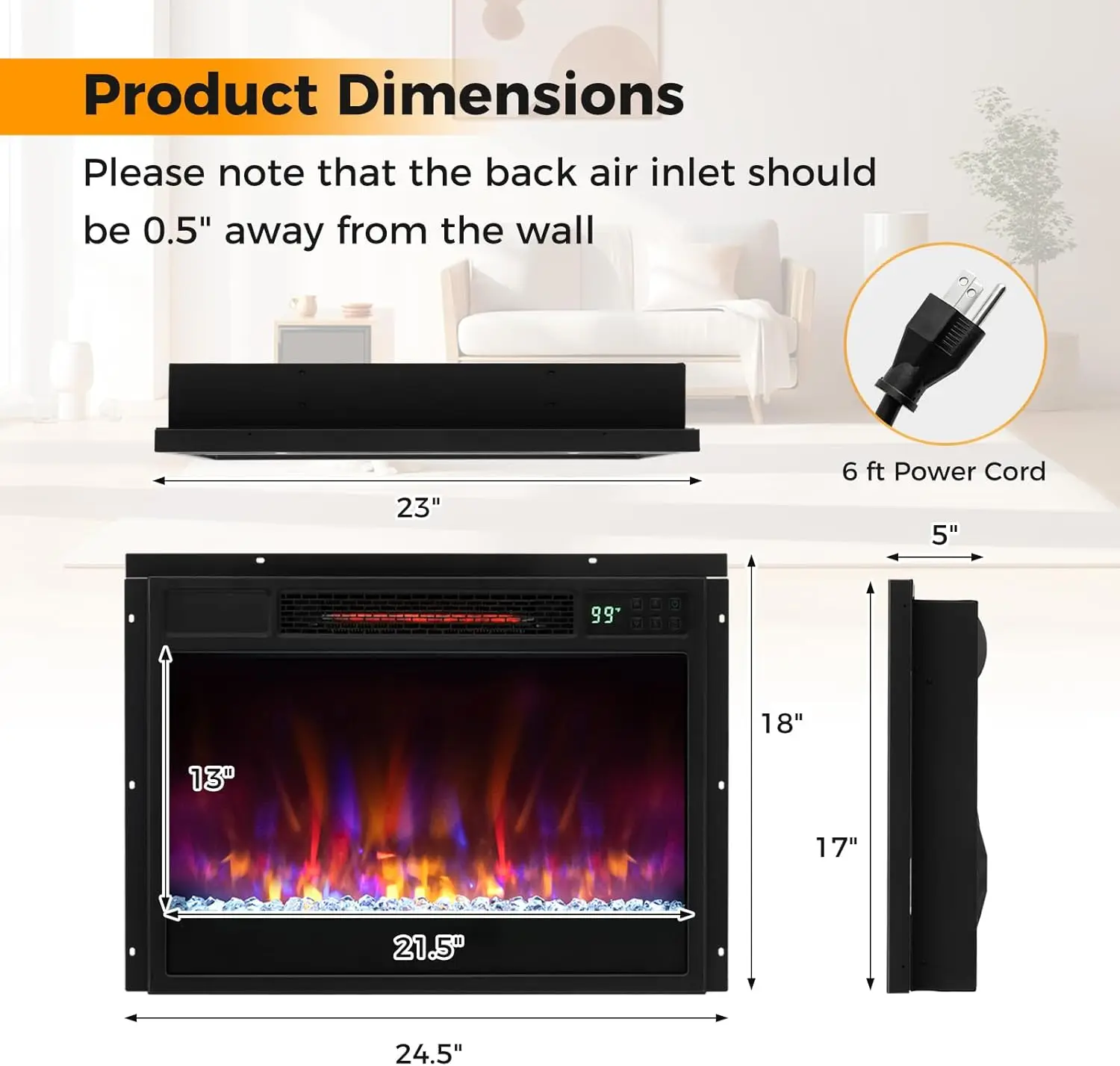 Electric Fireplace Inserts 23-inch Wide, 1500W Recessed Fireplace Insert with Remote Control, 6 Flame Colors 3