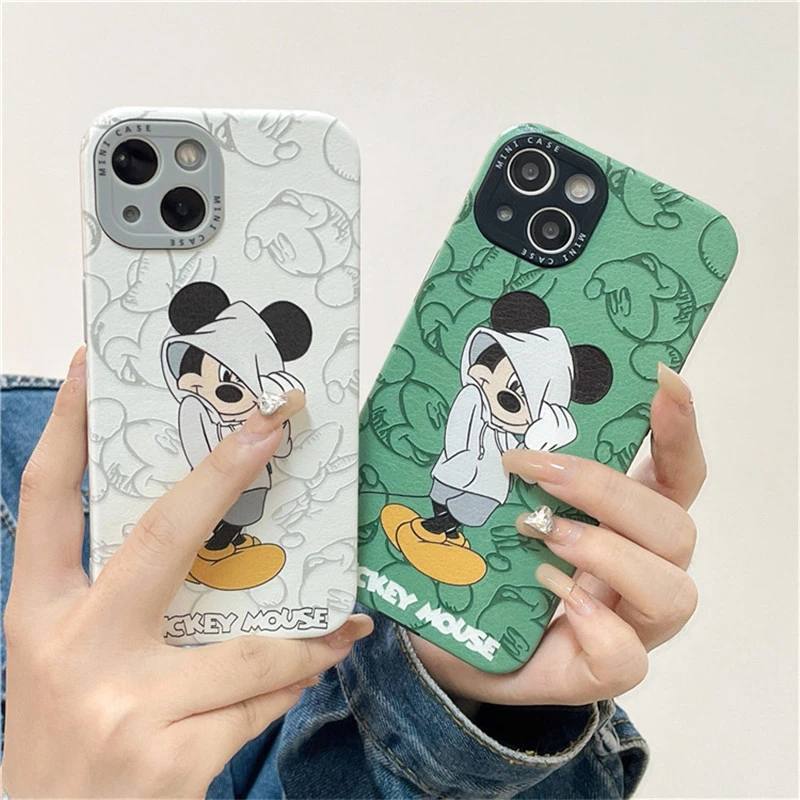 Disney Cartoon Mickey For Iphone7plus Xr Xs 11 12promax 13 Apple Case Mickey Print Green White Leather Texture Soft Cover Aliexpress