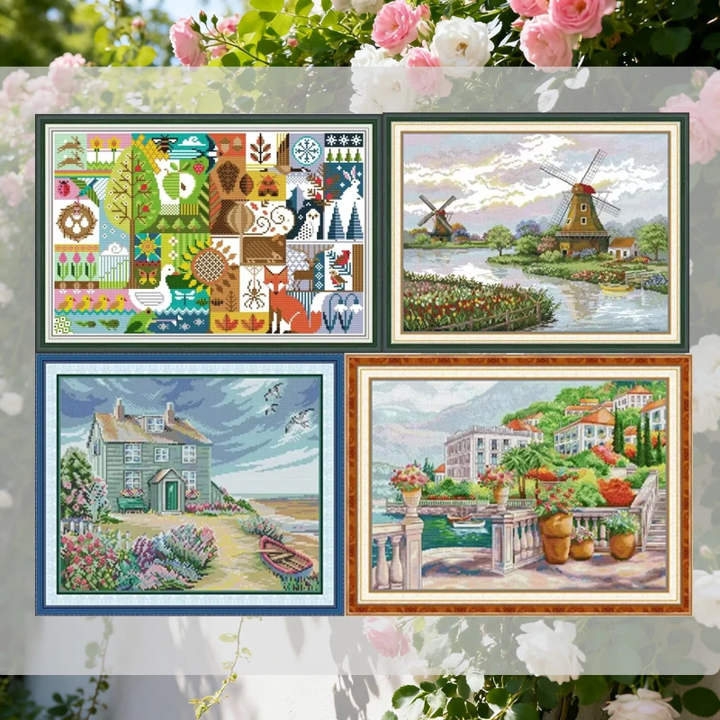 Kreuzstich-Set mit Küstenlandschaft, Muster, Joy Sunday Aida, 16/14/11 CT, gezählte, bedruckte Leinwand, DIY-Stickset mit einem kleinen Geschenk