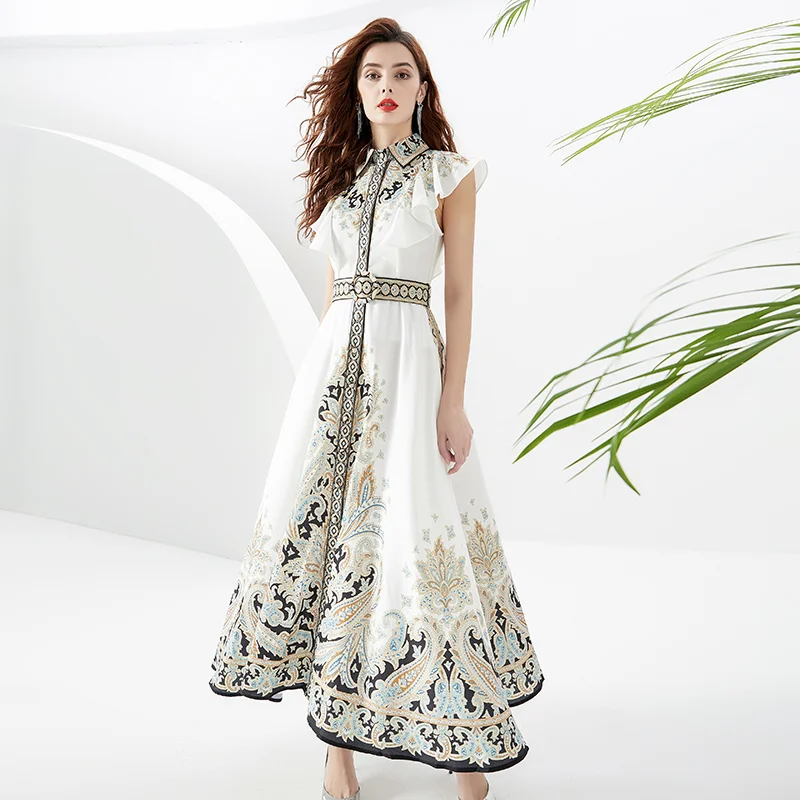 

2023 early autumn holiday banquet lapel single front small flying sleeve printed long dress