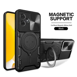 Shockproof Armor Case with Slide Lens Protection and Metal Ring Holder - Enhanced Back Cover for Moto G84 5G (Black)