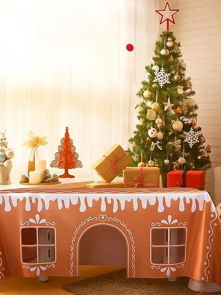 Christmas Tablecloth Gingerbread House Reusable Decorations Farmhouse Table Runner For Party Dining Room Kitchen Tablecloth