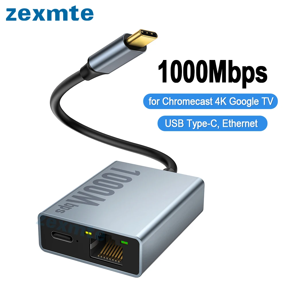 ZEXMTE USB C To Ethernet Adapter For Chromecast - RJ45 Network Adapter With 100W Charging
