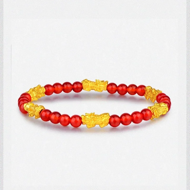 

999 24K Yellow Gold Bracelet Real Gold 6pcs Small Pixiu 3D Hard Gold Red Agate 6mm Beads For Women Female 's Bracelet