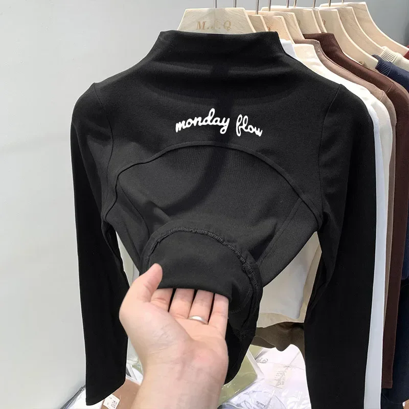 Mondayflow Tennis Shirt Women's Spring Style Simple Sports Outdoor Korean Style Golf Clothing High Neck Underwear Golf Wear