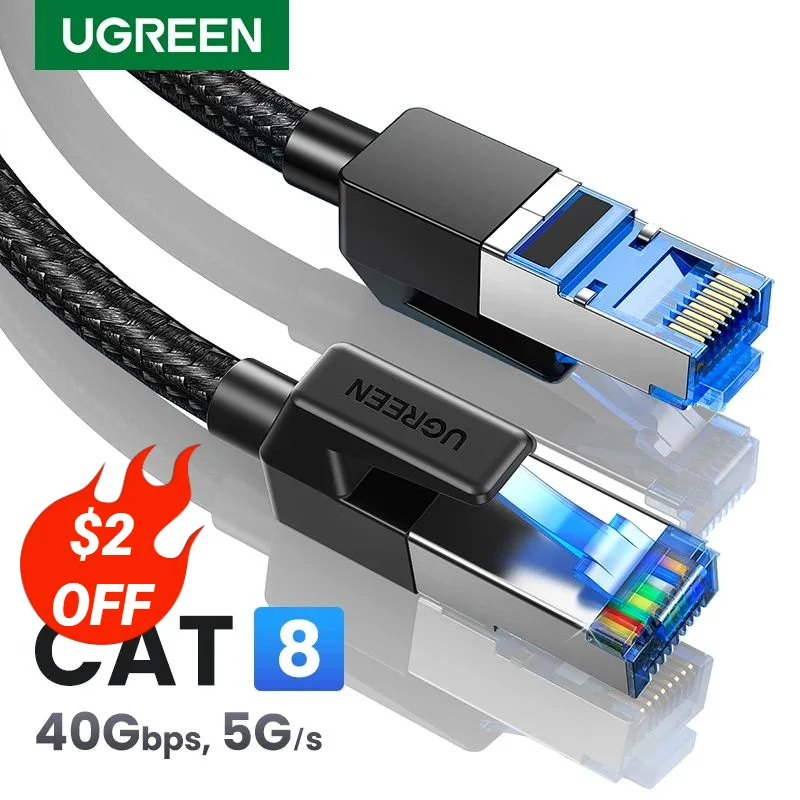 UGREEN CAT8 Ethernet Cable 40Gbps 2000MHz CAT 8 Networking Cotton Braided Internet Lan Cord for Laptops PS 4 Router RJ45 Cable