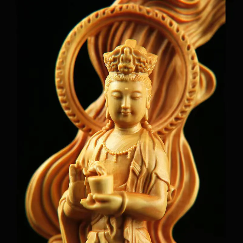🌊 Wooden Sea-Crossing Guanyin Statue – Solid Wood Hand-Carved Feng Shui Figure (16cm) 6