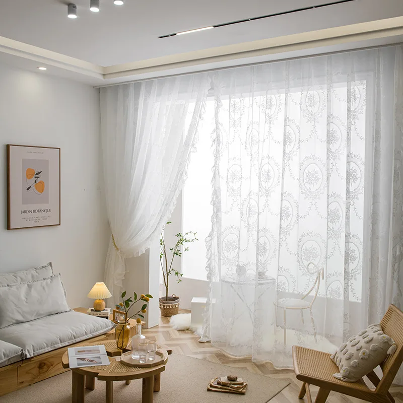 

French Style Curtains Light Luxury Lotus Leaf Gauze Sheer White Lace Sheer for Living Room Bedroom Balcony Bay