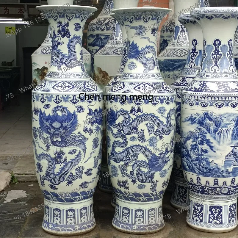 Ceramic floor standing large vase hand-painted blue and white landscape antique gold bell vase ornament - Image 2