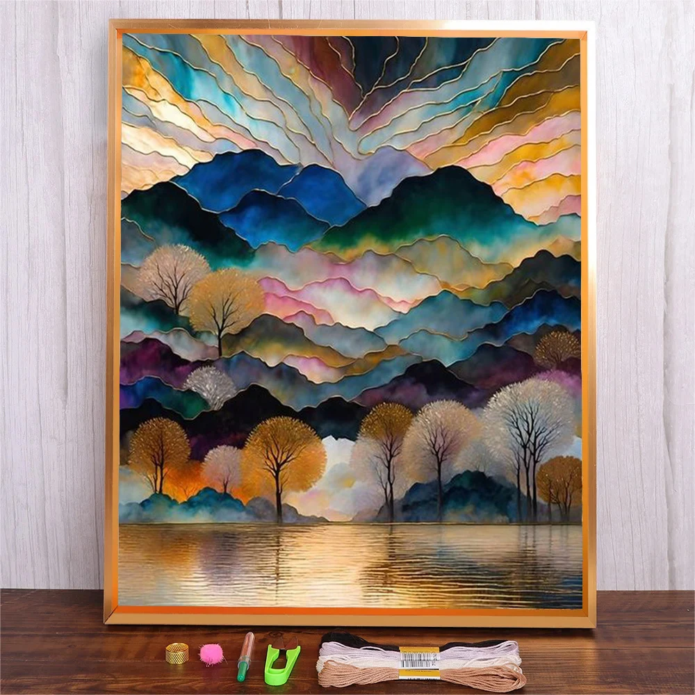 Abstract Mountain Punch Needle Embroidery Fabric Landscape Cross Stitch ...