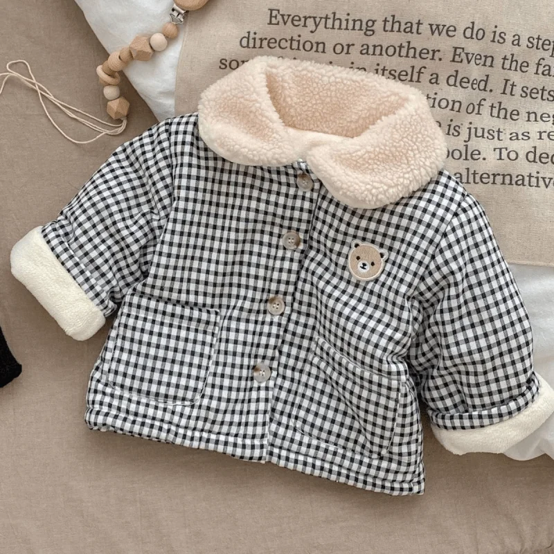 Newborn Baby Girl Boy Bear Fleece Inside Jacket Infant Toddler Child Cotton Padded Coat Warm Plaid Outwear Baby Clothes 9M-3Y