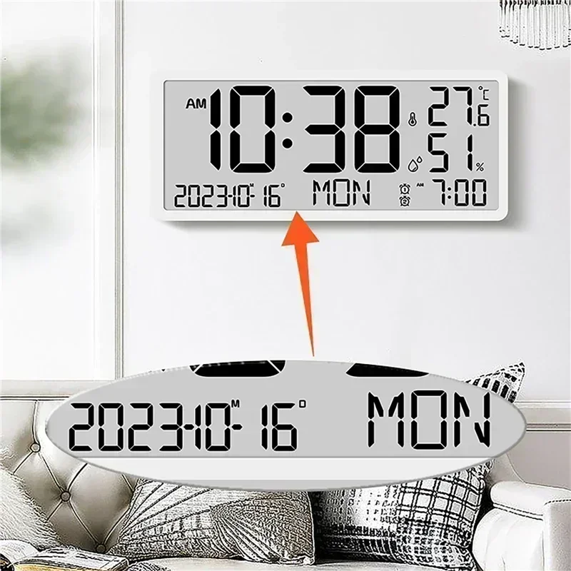 Digital Wall Clock Battery Powered LCD with Temperature Humidity Date Time Week Display Desktop & Wall Hanging