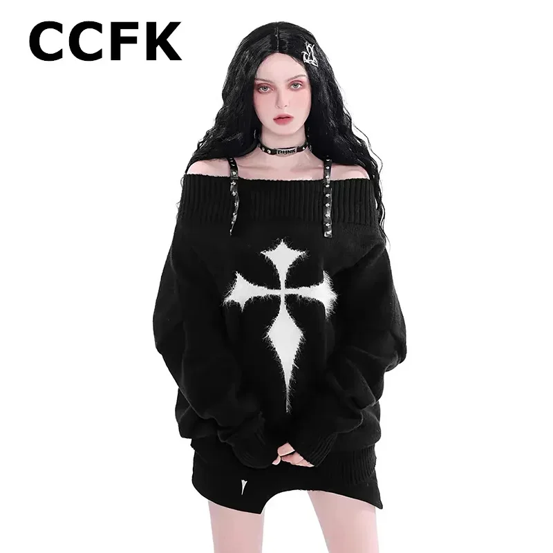 

Gothic Grunge Y2k Long Sleeve Sweater Women Autumn Pullovers Cross Punk Off Shoulder Jumpers Top New Egirl Emo Clothes Halloween