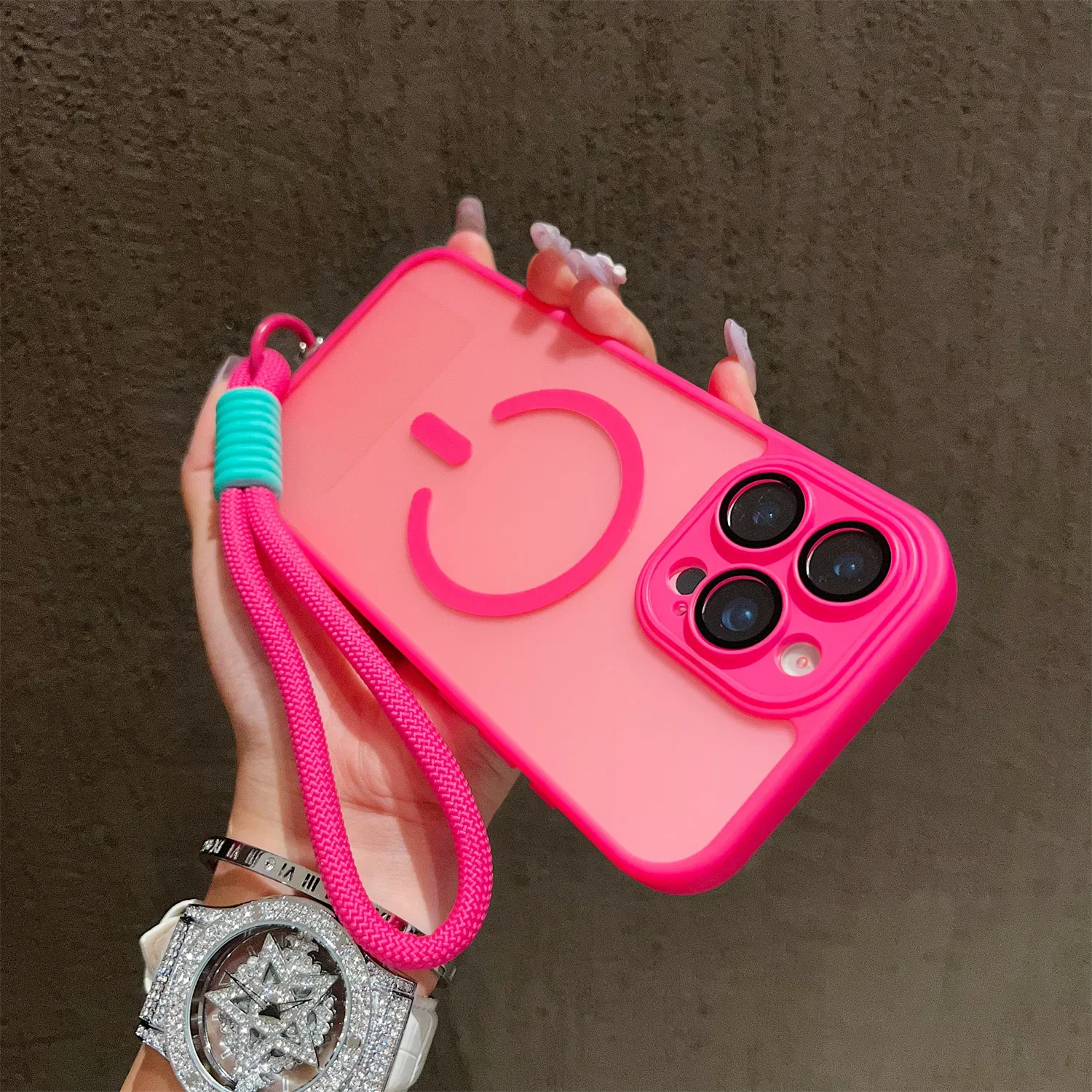 Magnetic Lanyard Wrist Strap Case with Shockproof Matte Bumper Cover and Clear Magsafe Design