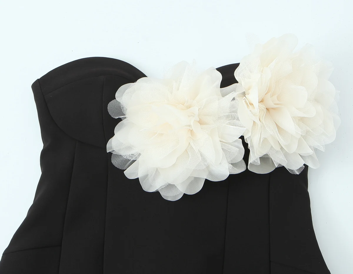 Women Fashion Chic 3D Gauze Flower Strapless Mini Dress Female Elegant Sleeveless Backless Short Dress Lady Evening Party Dress