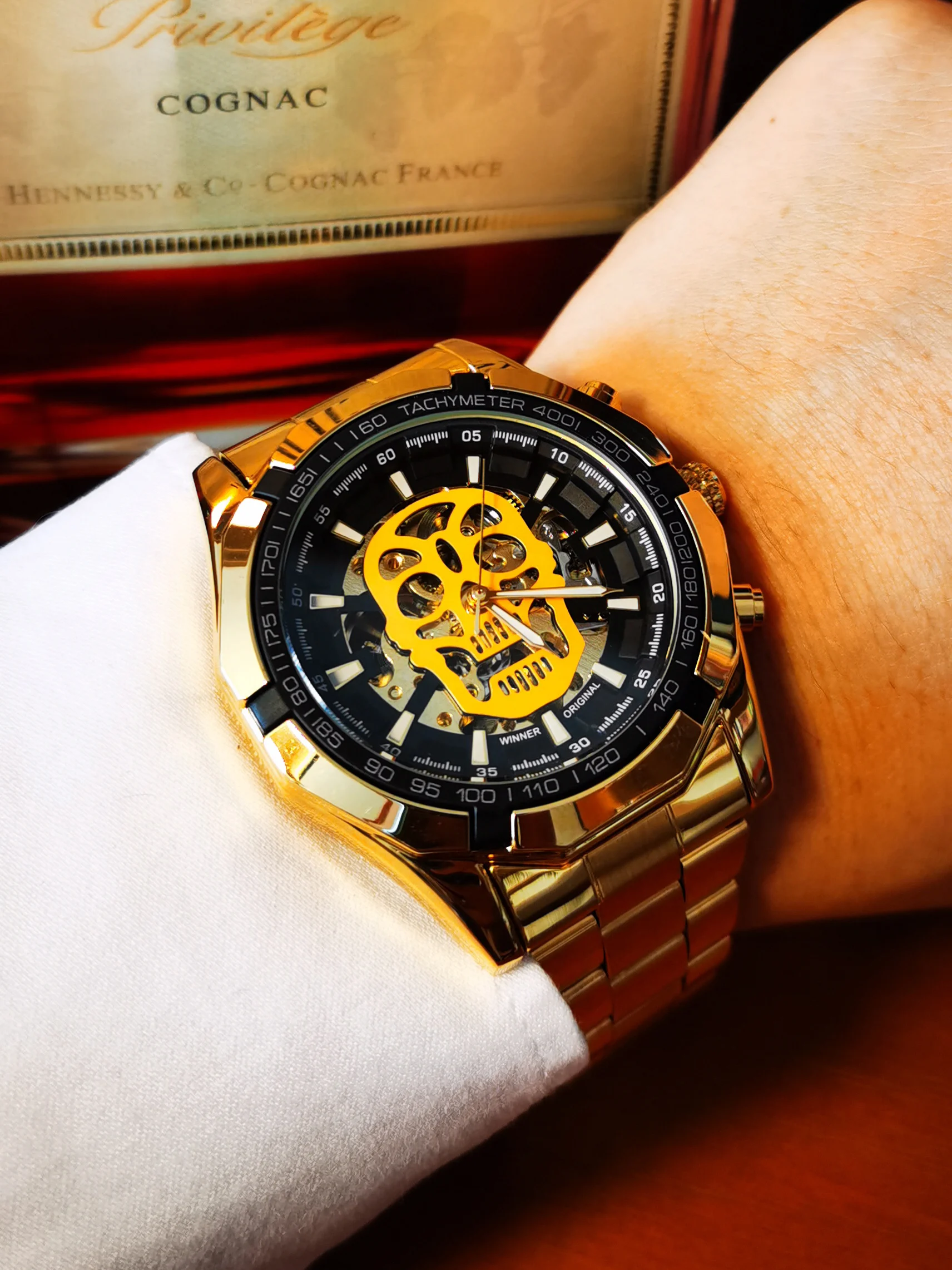 WINNER Official Automatic Gold Watch Men Fashion Skeleton Mechanical Skull Watches Top Brand Luxury Steel Band