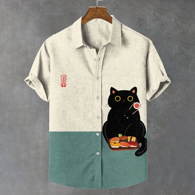 Summer Men's Shirt Animal Pattern Print Cat Shirts Casual Short Sleeve Streetwear Fashion Male Oversized Clothing Cardigan Top 2