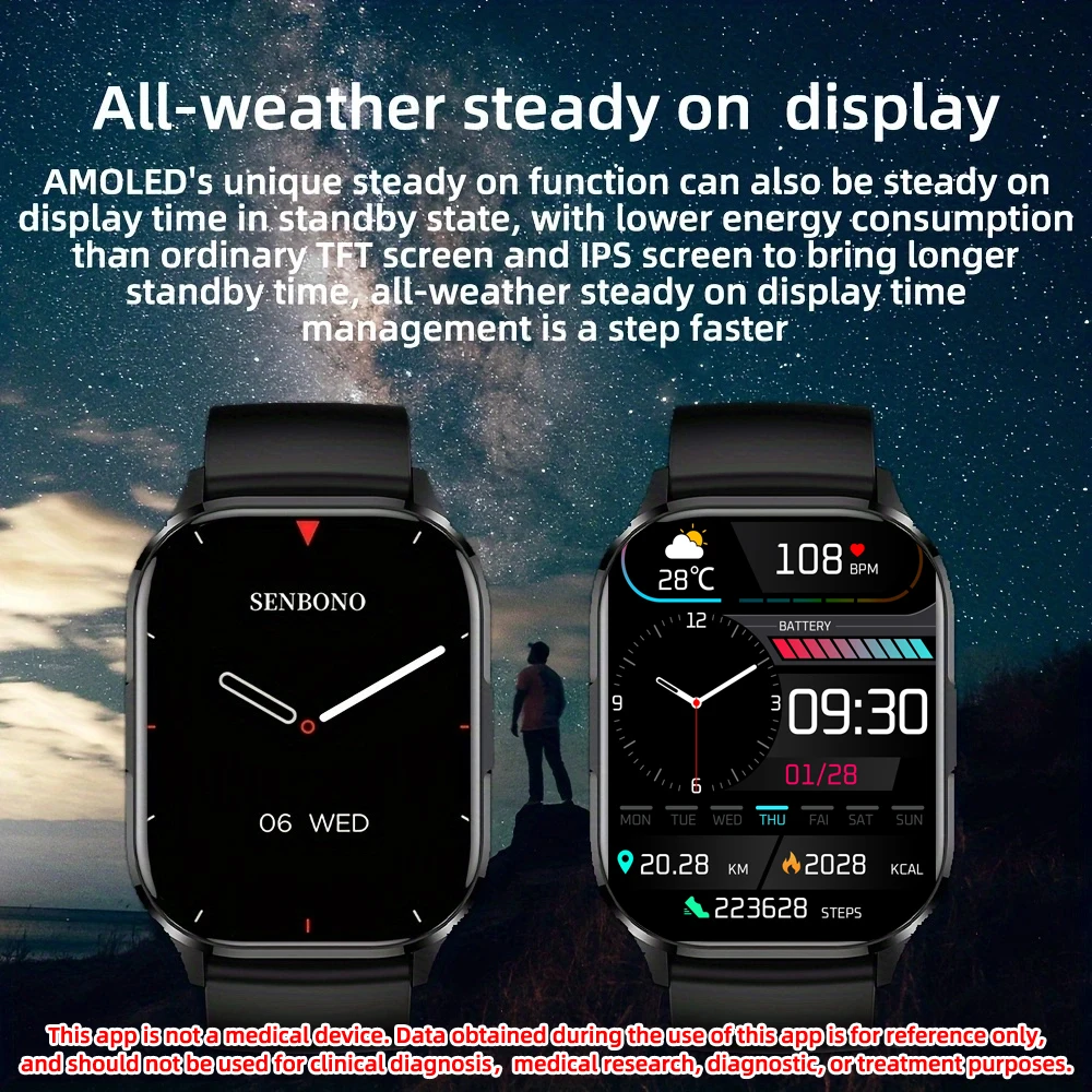 SENBONO AMOLED 스마트 워치 블루투스 통화 워치, 피트니스 트래커, 스포츠 스마트워치, 남녀공용, 2.01 인치 HD 올웨이 온 디스플레이