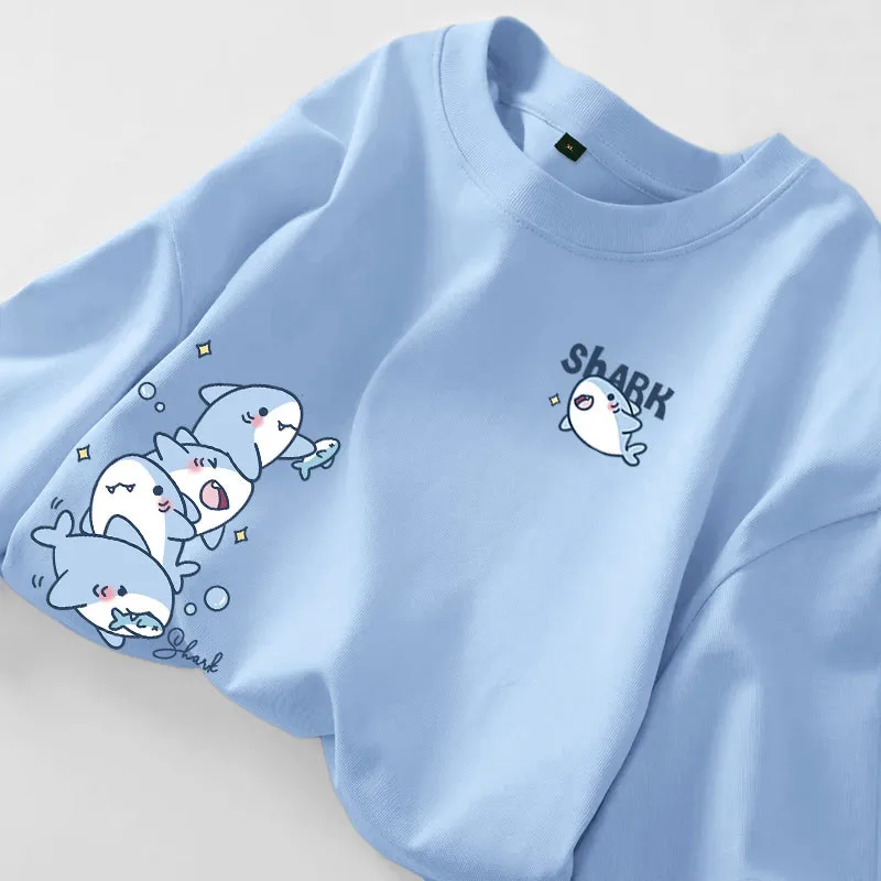 Cartoon-Hai-Print, schlichtes, lässiges, lockeres, vielseitiges Sommer-Kurzarm-T-Shirt