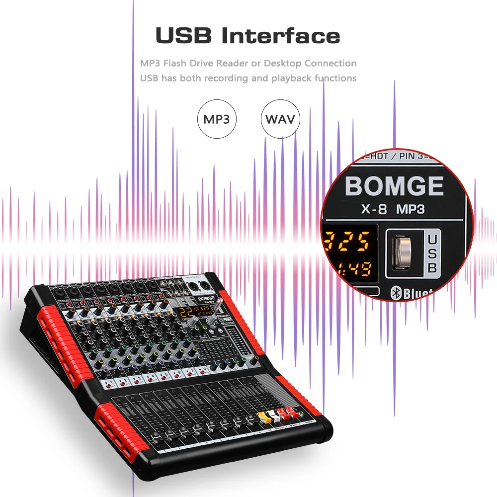 BOMGE Professional 8 Channel Audio Mixer Sound Board Mixing Console USB MP3 Bluetooth Input 48V Phantom Power 24 FX DSP For PC