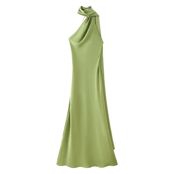 YENKYE High Street Women Sexy Elegant Halter Long Dress Female Fashion Backless Green Satin Party Maxi Vestidos 1