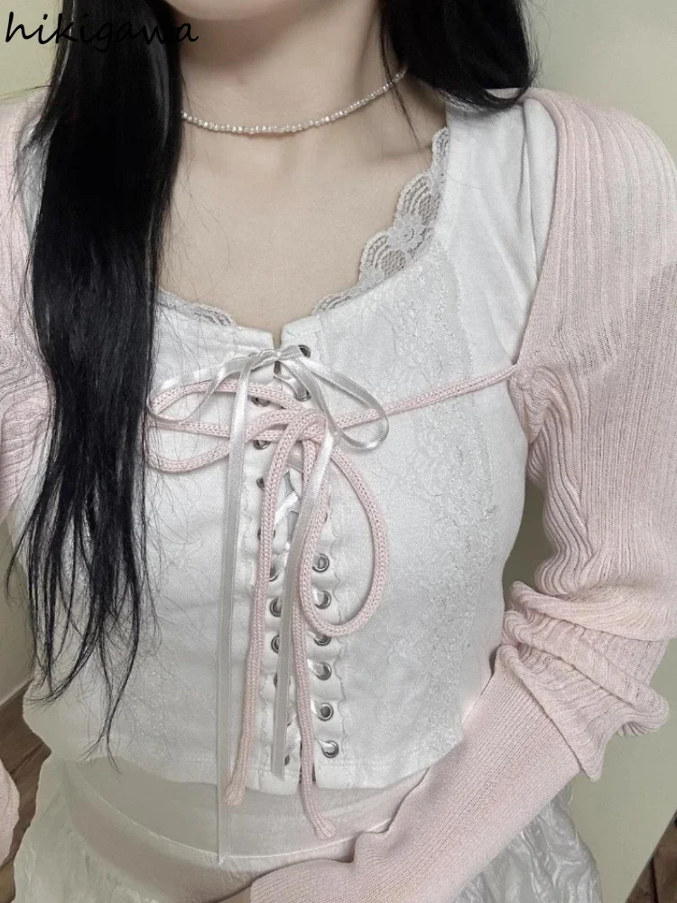 Sweet Cropped Cardigan 긴 소매 붕대 Drawstring Pull Femme 패션 캐주얼 니트 스웨터 Y2k 코트 2025 Ropa Mujer 27r527