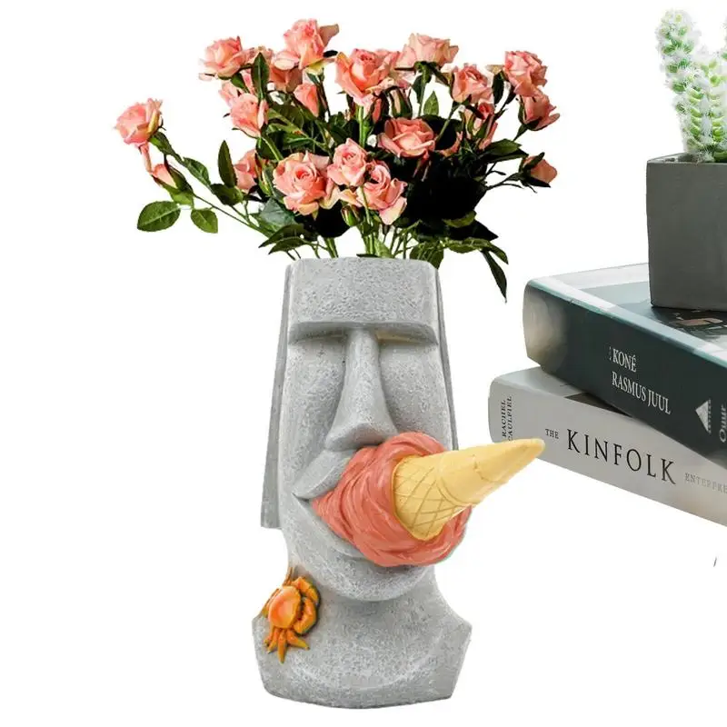 Moai Stone Islander Resin Statue Unique Face Planters Pot Human Head Flower Vase Home Living Room Decor Creative Vase