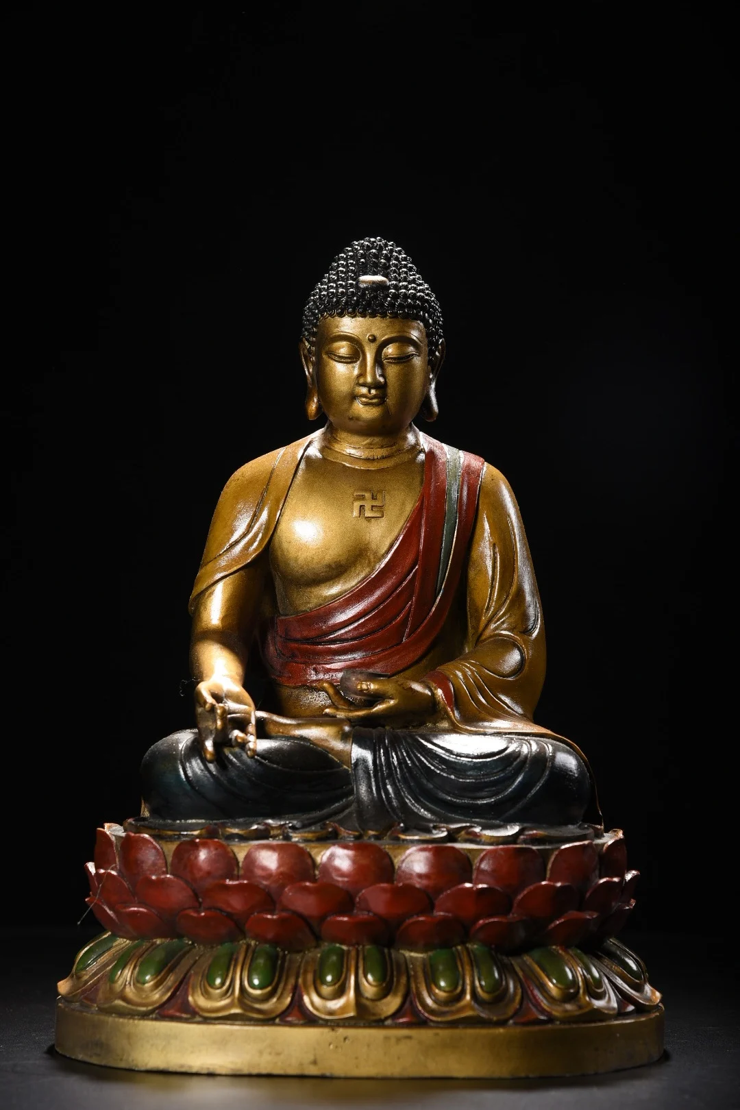 

12"Tibetan Temple Collection Old Bronze Painted Shakyamuni Sitting Buddha Double Lotus Platform Worship Hall Town house