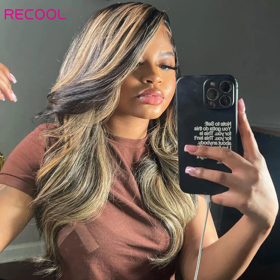 Recool Face-Framing Curtain Bangs Highlight Body Wave Wig Pre Plucked&Bleached 6&times;5 Glueless HD Lace Closure Wig Human Hair