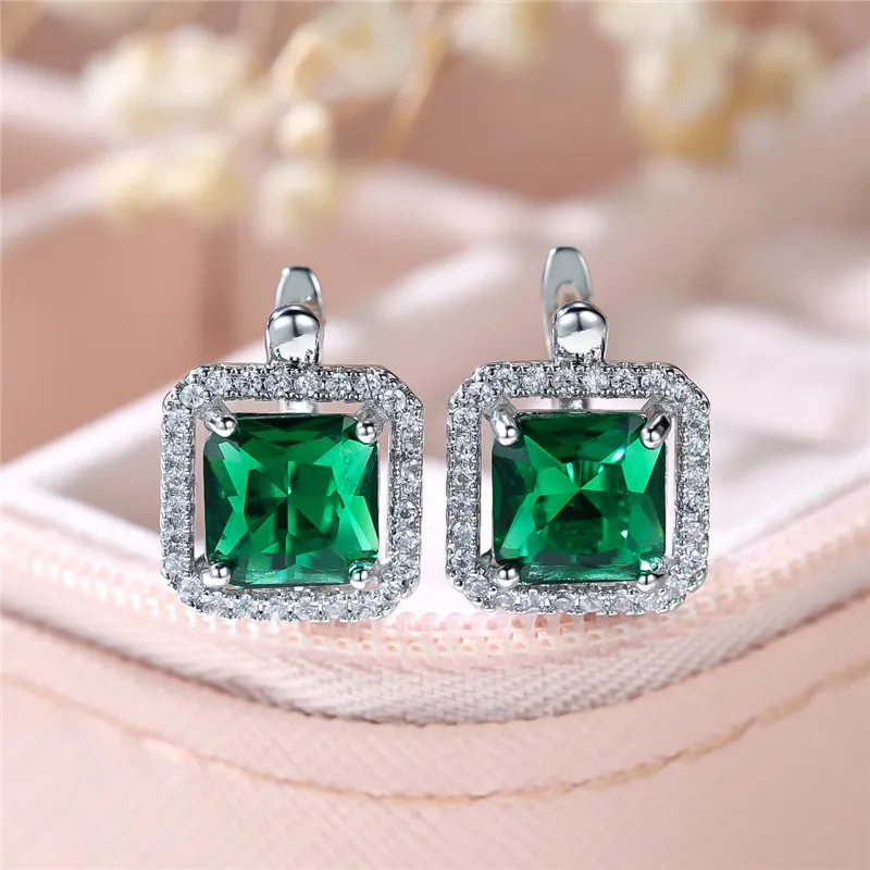 Luxury Female Green Square Zircon Stone Clip Earrings Charm Silver Color Wedding Jewelry For Women