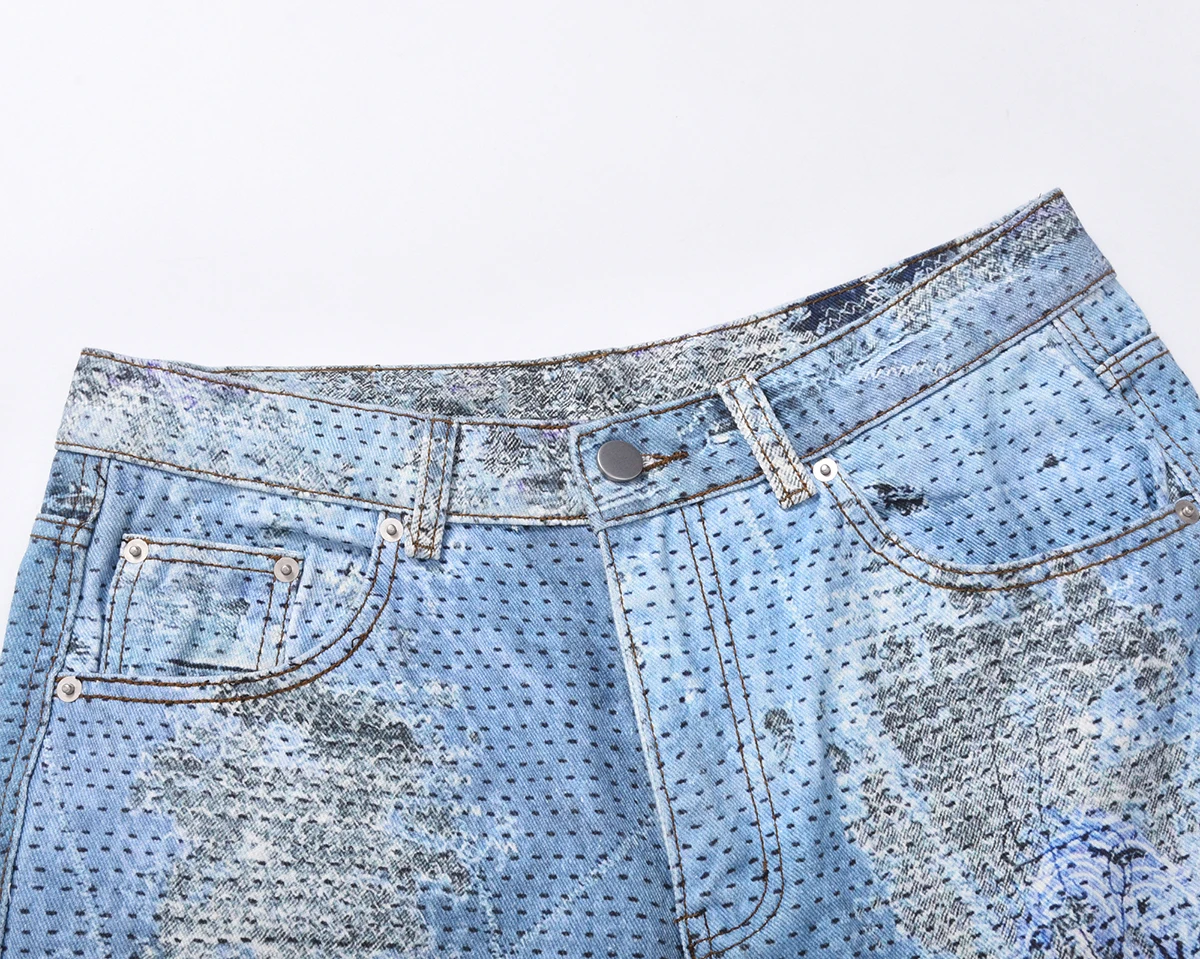 High Street Straight Washed Dirty Ripped Blue Jeans Pant For Men Vintage Casual Loose Denim Trouser Frayed Patchwork Cargo