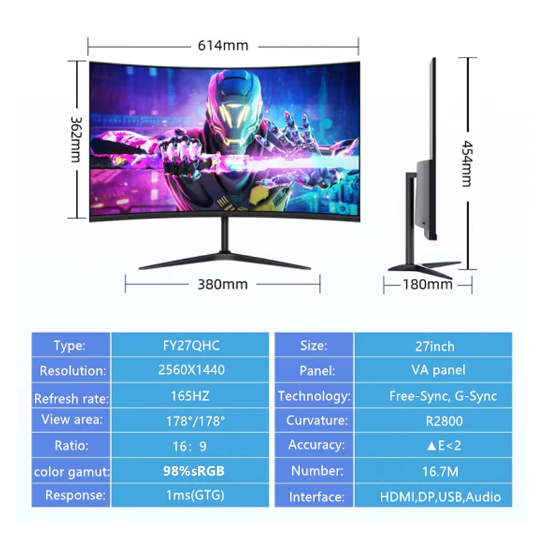 FYHXele27 ġ , Ŀ ũ ̸ GTG1MS PC LCD ÷, ũž HDMI DP   ũ, 2k, 165hz
