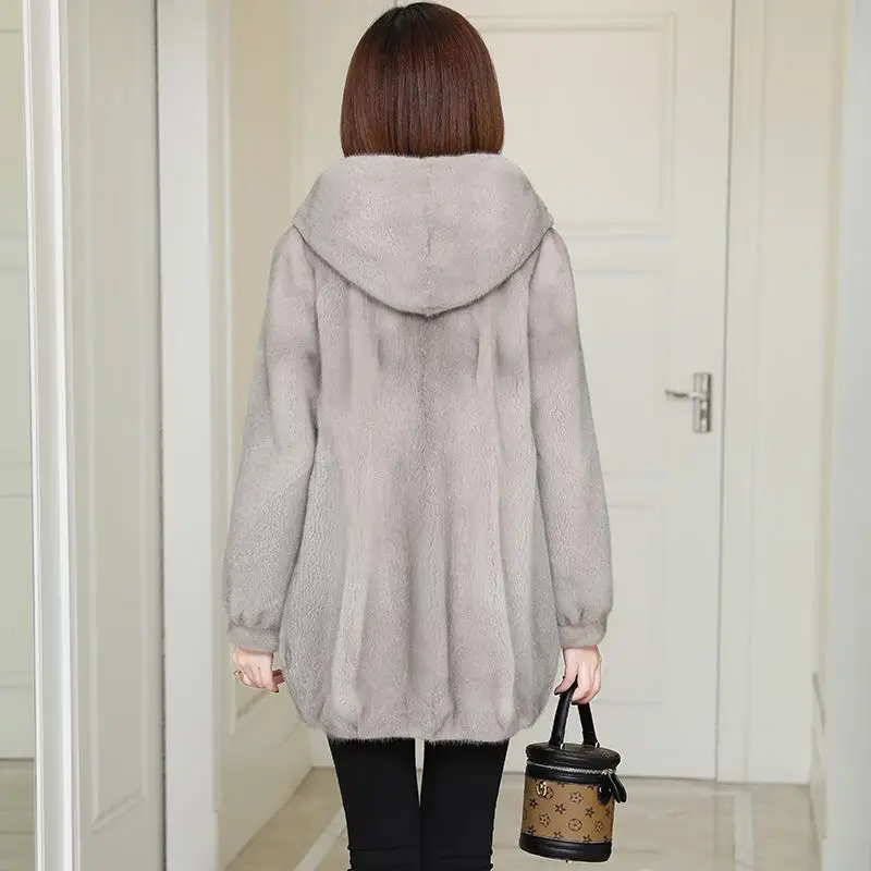 casual imitation mink velvet winter coat women vintage midi length faux fur hooded jacket snow wear warm loose outwear plus size