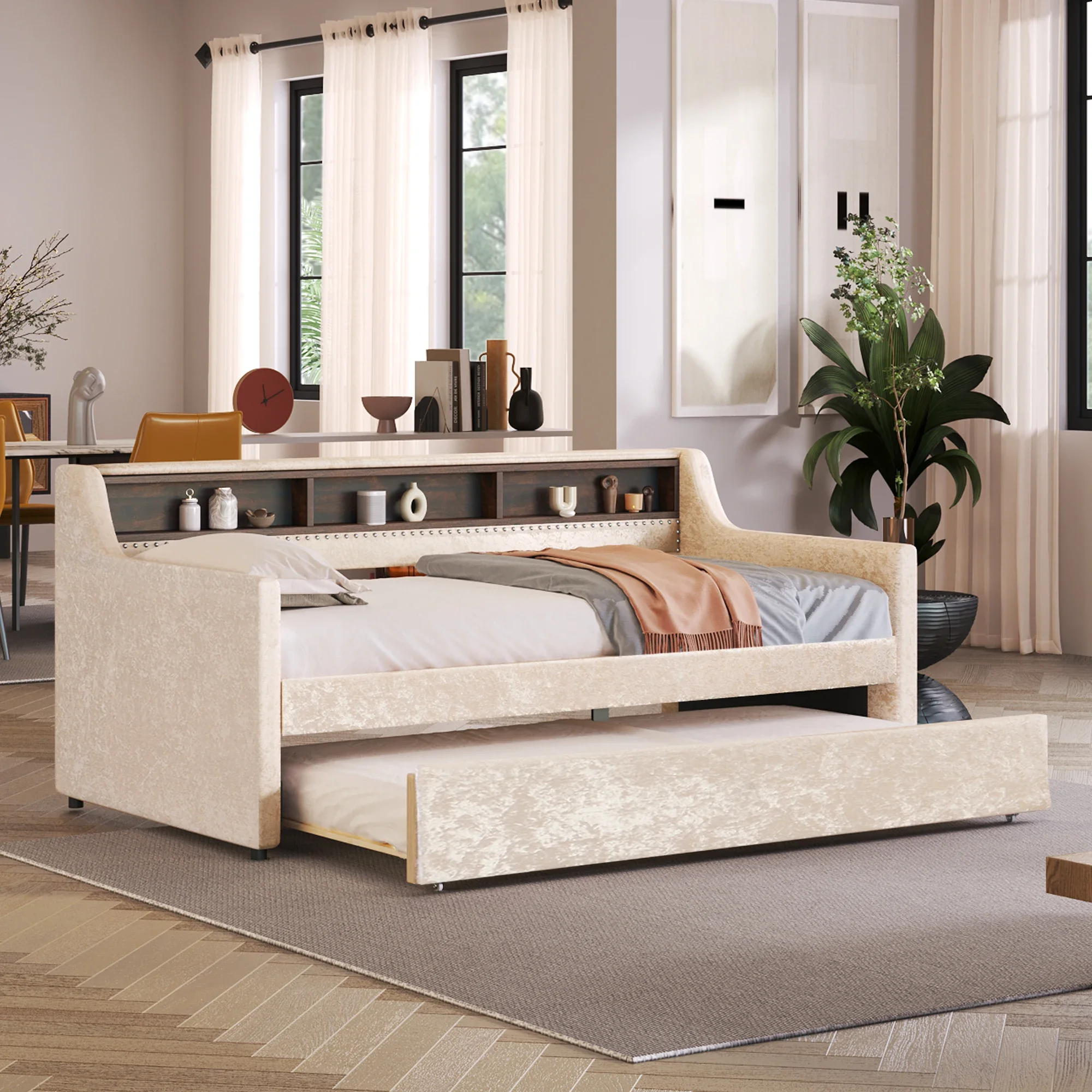 

Twin Size Snowflake Velvet Daybed with Trundle and Built-in Storage Shelves,Beige