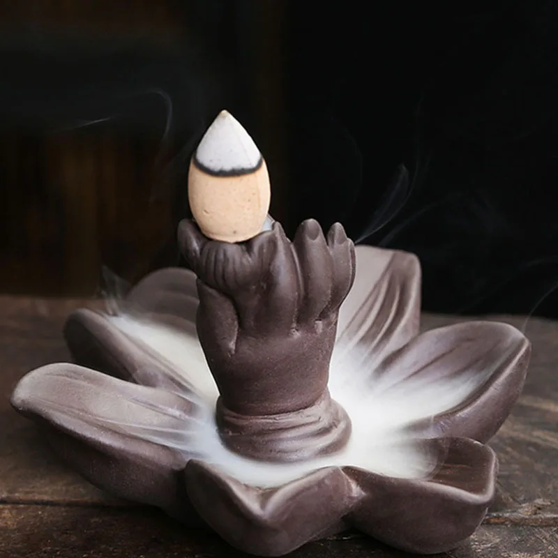 Purple Clay Bergamot Lotus Backflow Incense Burner Creative Small Fingered Backflow Aromatherapy Stove Holder Home Decoration