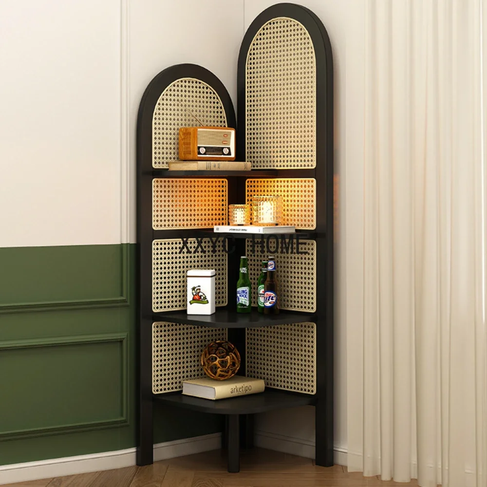 

Solid wood corner cabinet, living room, small unit, floor to ceiling bookshelf, retro black rattan woven triangular