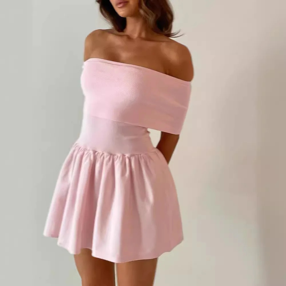 Knitted Off Shoulder Mini Dress Patchwork Ruffled Edge Slash Neck Solid Beach Holiday Princess Dress Cover Up Summer Women