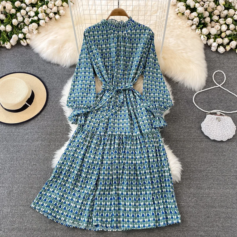 

Spring and Autumn Retro Long-sleeved Fungus Edge Stand-up Collar Floral Chiffon Dress Super Fairy Waist Was Thin and Long Skirt