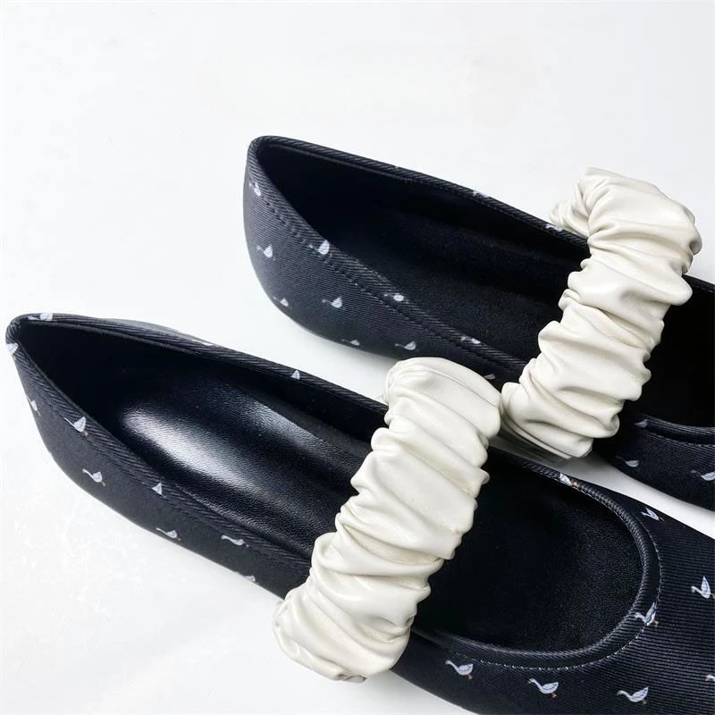 Swan Print Ballet Flats Shoes for Women Elegant Square Toe Elastic Band Mary Janes Shoes Ladies Shallow Spring Autumn Loafers 6