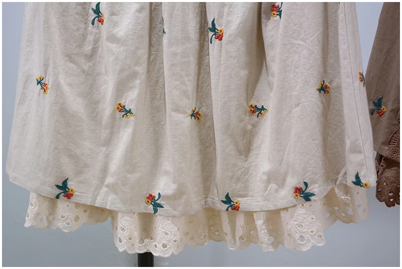 Spring Summer Japan Style Cotton Linen Skirt Elastic Waist Lace Stitching All-match Mori Girl Sweet Embroidery A-line Skirt silk skirt