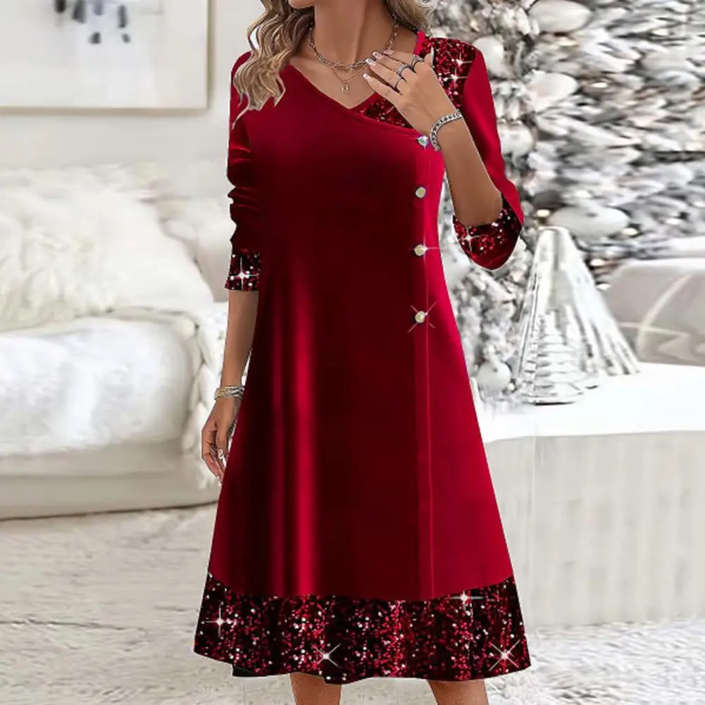 

Fall Winter Women Dress Shiny Sequin Patchwork V Neck A-line Big Swing Long Sleeve Button Decor Solid Color Soft Warm Mid-calf L