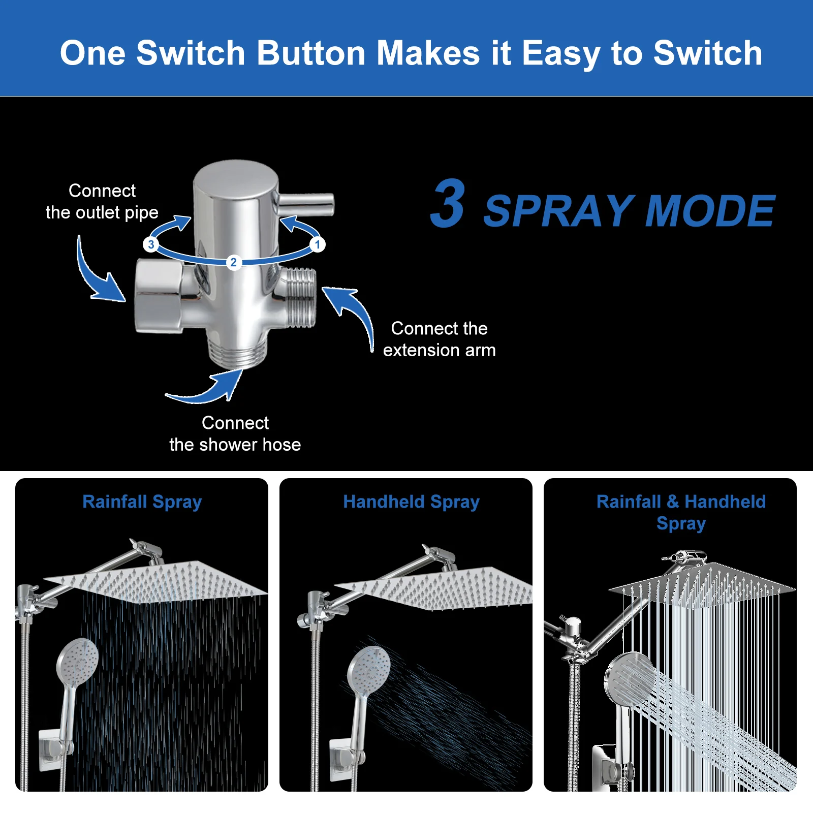 2-IN-1 Bathroom Shower Combo High Pressure Rainfall Shower Head with Extension Arm Handheld Shower Head with Wall Bracket Hose 6