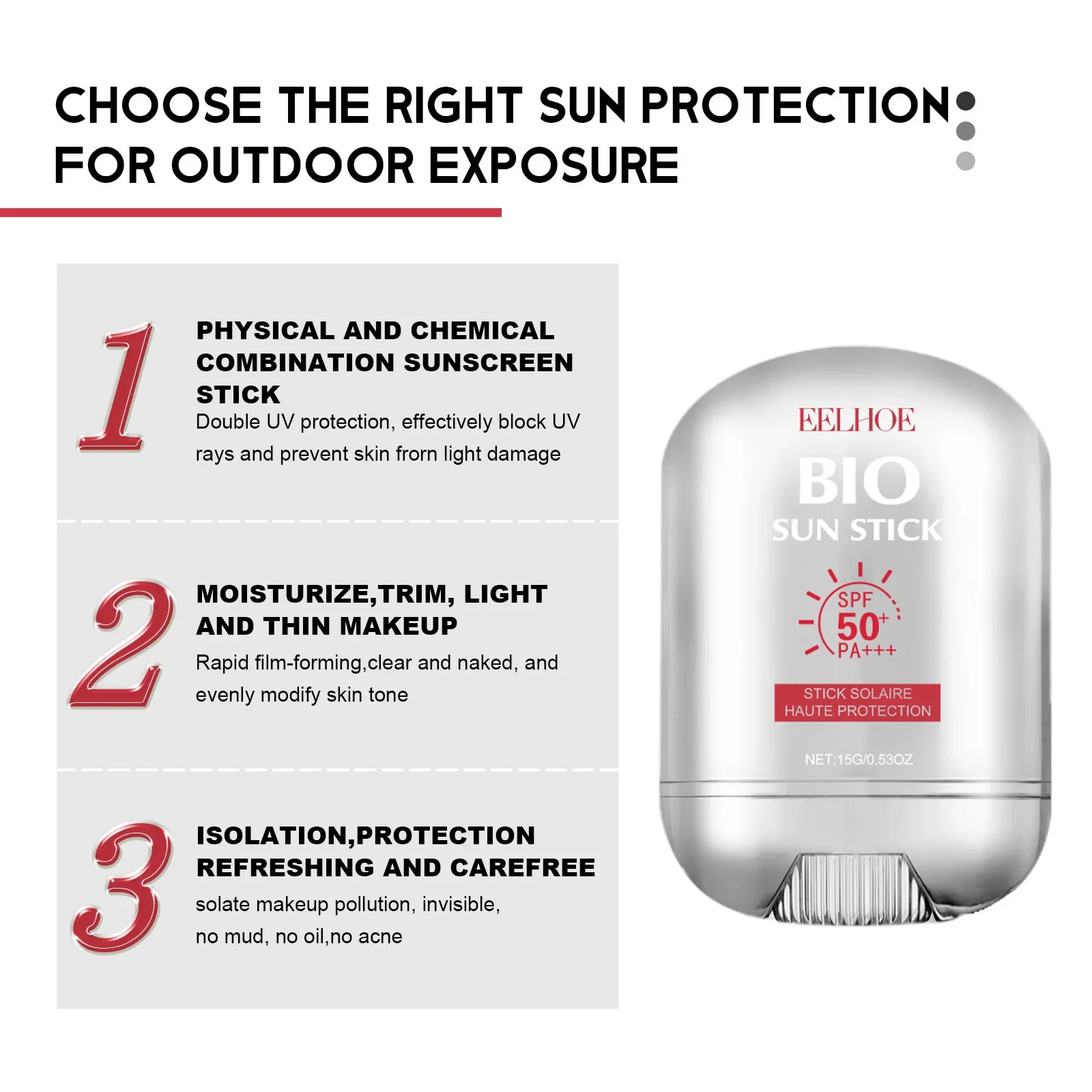 Facial Sunscreen Stick Spf 50+ Refreshing Oil Control Sun Block Skin Whitening Protective Cream 15g