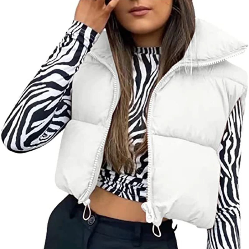 Tank Top Warm Coat Jacket Winter Puffy Vest Women Zip Up Stand Collar Fashion Y2k Padded Cropped Puffer Quilted Vest Sleeveless