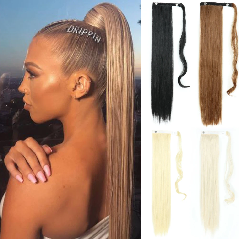

AZQUEEN 22 Inch Long Straight Ponytail Wig Hairpiece Black Brown Wraparound Heat Resistant High Temperature Fiber Ponytail Wig