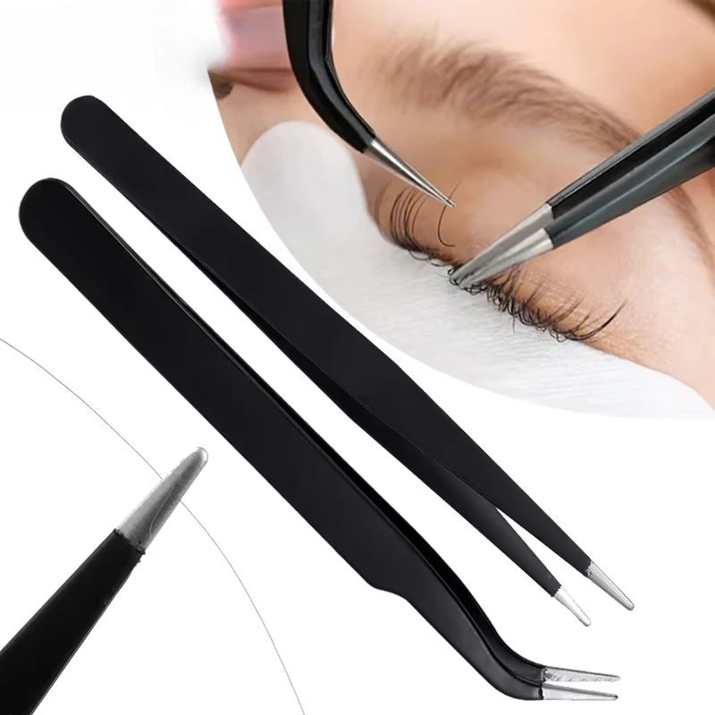 2PCS Precision Eyelash Tweezer Anti-Static Stainless Steel Tweezers Professional Lash Extension Nail Rhinestone Decoration Tools 2