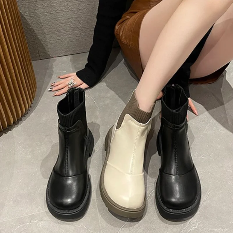 

Sock Boots Woman Winter 2023 Autumn Korean Chunky Platform New In Women's Shoes Chelsea Genuine Leather and Fur Half Booties Hot