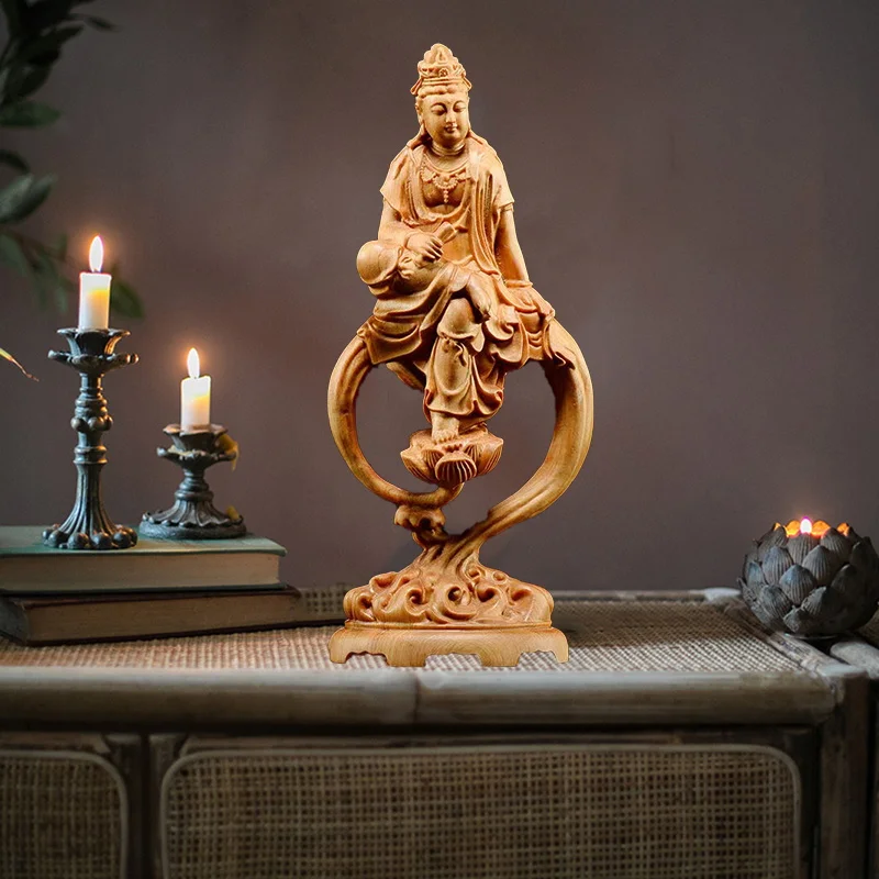 Wooden Guanyin Buddha Bodhisattva Statue Hand-Carved , Buddhism Figure  Home Room Office Feng Shui Statue 7.07 in